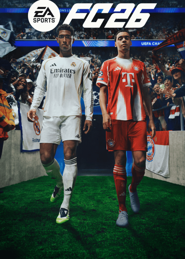 Promotional image for EA Sports FC 26 showing two football players—one in a Real Madrid kit and one in a Bayern Munich kit—walking onto a pitch from a stadium tunnel.
