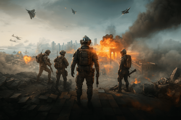 A high-resolution Battlefield-style digital artwork showing four modern soldiers in full combat gear standing on a ruined rooftop overlooking a city engulfed in flames and smoke. Fighter jets soar overhead while explosions light up the skyline, creating an intense, cinematic war scene.