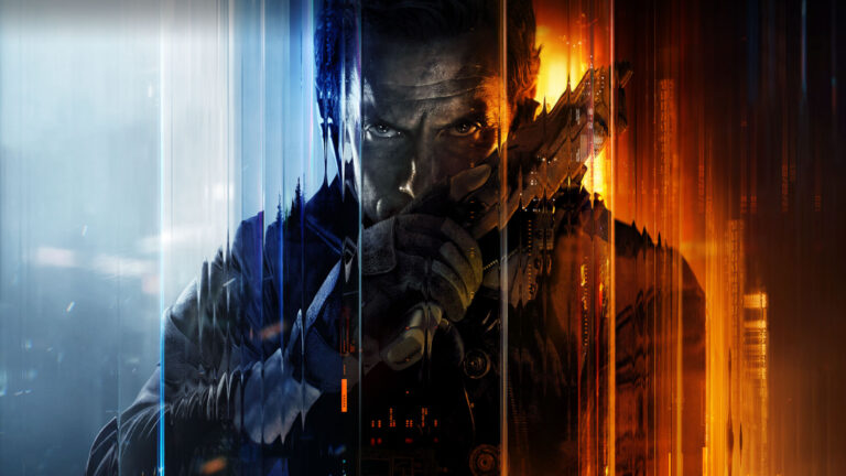 A dramatic promotional image for Call of Duty featuring a soldier holding a rifle close to his face, split down the middle with contrasting blue and orange tones. The left side glows with a cold, icy blue representing calm or stealth, while the right burns with fiery orange and red hues symbolizing intensity and conflict. The image conveys a futuristic, high-stakes atmosphere with digital distortion effects and a strong sense of motion and tension.