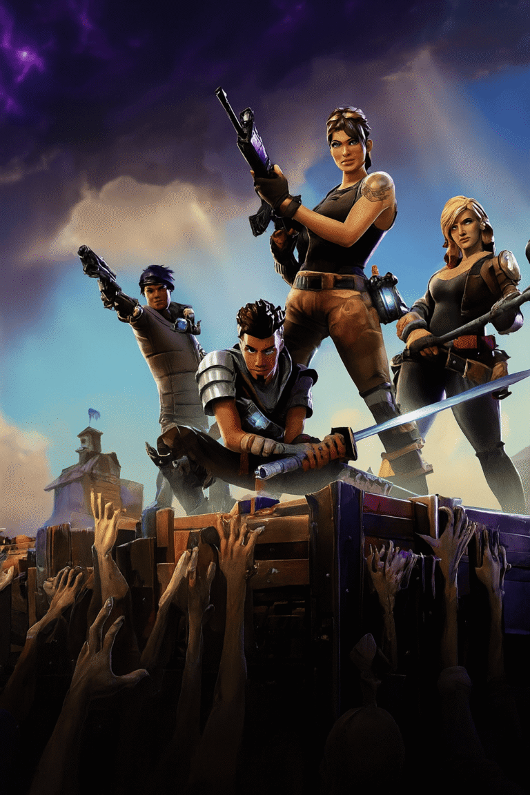 A high-resolution Fortnite-style digital artwork showing four battle-ready characters standing atop a barricade of wooden crates under a dramatic purple-orange sky. The central female character holds a rifle confidently, flanked by a crouching male with a sword, another aiming a pistol, and a blonde woman gripping a hammer. Below them, shadowy hands reach upward, suggesting an oncoming horde.