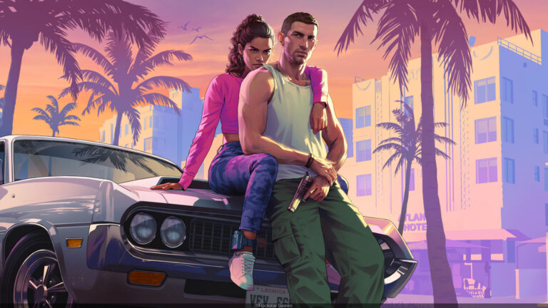 Illustrated promotional artwork for Grand Theft Auto VI featuring two main characters leaning against a classic muscle car. The woman, wearing a pink crop top and blue camouflage pants, sits on the hood while the man, dressed in a white tank top and green cargo pants, holds a pistol. The scene is set in a vibrant, neon-lit Miami-inspired cityscape with palm trees, pastel-colored buildings, and a sunset sky blending orange and purple hues, evoking a stylish, retro-modern atmosphere.