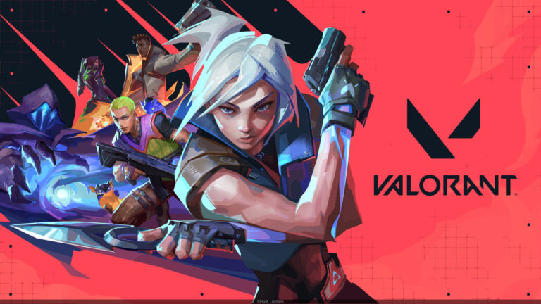 Dynamic promotional artwork for Valorant, featuring several of the game’s agents in action poses. In the foreground, Jett with white hair wields a knife and a pistol, exuding speed and confidence. Behind her, other agents — including Phoenix, Sage, and Breach — are poised for battle, showcasing their distinct weapons and abilities. The background blends a bold red and black color scheme with angular graphic effects and the Valorant logo on the right, emphasizing the game’s futuristic, tactical style.