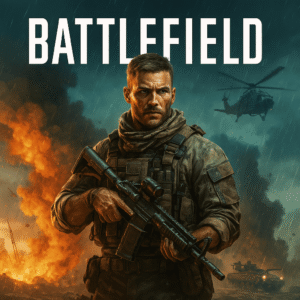 Realistic digital artwork inspired by Battlefield, showing a soldier in tactical gear holding a rifle, with explosions, smoke, and helicopters in a dramatic war-torn environment.