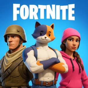 3D artwork inspired by Fortnite featuring three stylized characters — a soldier, a muscular cat hero, and a woman in a pink beanie — standing confidently against a bright blue background.