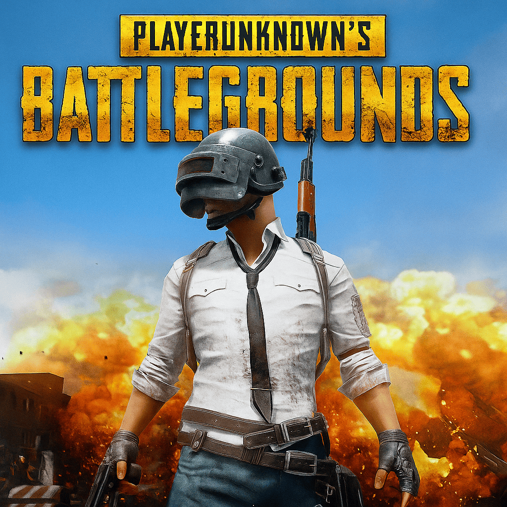 A PUBG-inspired digital artwork showing a soldier in a white shirt, tie, and combat helmet standing in front of fiery explosions, holding a gun in a battle-ready pose with a cinematic, action-filled background.