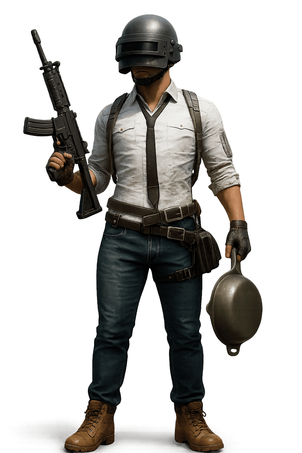 Realistic 3D render of a PUBG character standing confidently with a rifle in one hand and a frying pan in the other. The character wears a clean white shirt, black tie, tactical vest, blue jeans, brown combat boots, and a black helmet with visor, against a transparent background