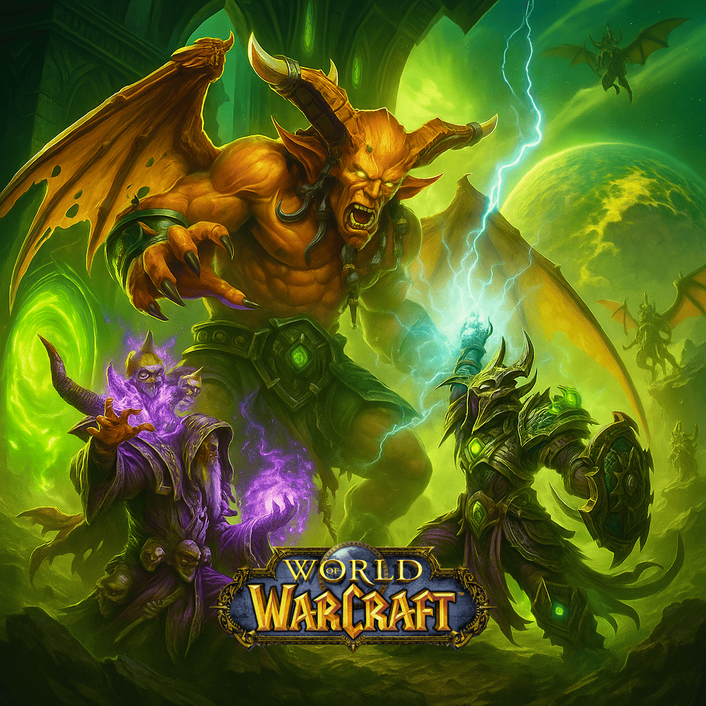 Epic fantasy battle artwork from World of Warcraft, featuring a massive horned demon with fiery wings confronting two powerful sorcerers casting dark magic and lightning inside a glowing green, mystical realm.