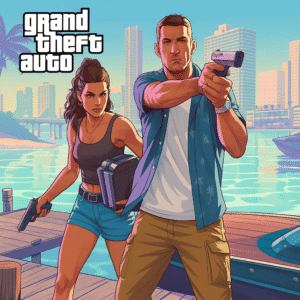 Illustration of two armed protagonists standing on a dock in a vibrant coastal city, with skyscrapers, palm trees, a police boat, and a helicopter in the background — promotional art inspired by GTA 6.