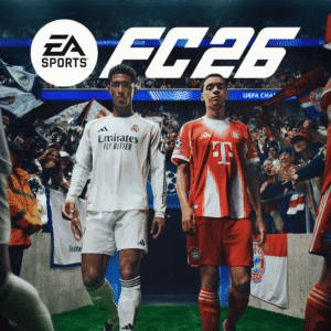 Promotional image for EA Sports FC 26 showing two football players—one in a Real Madrid kit and one in a Bayern Munich kit—walking onto a pitch from a stadium tunnel.