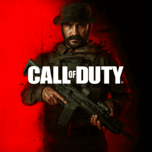 Promotional artwork for Call of Duty featuring a soldier in tactical gear holding a rifle, set against a dramatic red and black background with the game’s title in bold white letters.