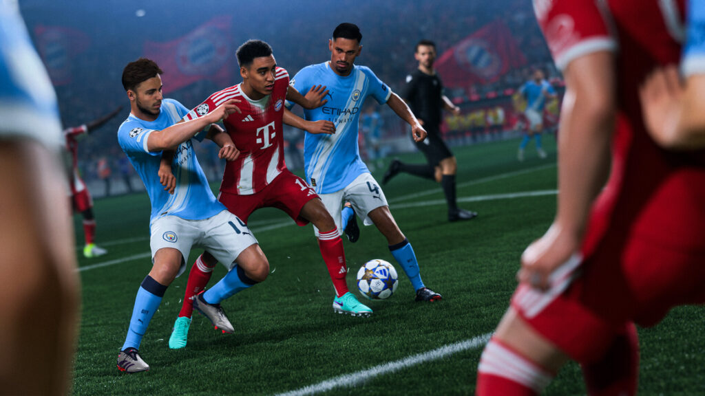 A realistic in-game FC26 scene showing players from Manchester City and Bayern Munich battling for possession near the sideline under stadium floodlights. Two defenders in blue press against a red-clad striker, showcasing intense physical play and detailed player animations—perfectly illustrating the improved defending and tackling mechanics discussed in the “FC26 Gameplay Guide: Best Tips and Tricks After the Latest Patch.