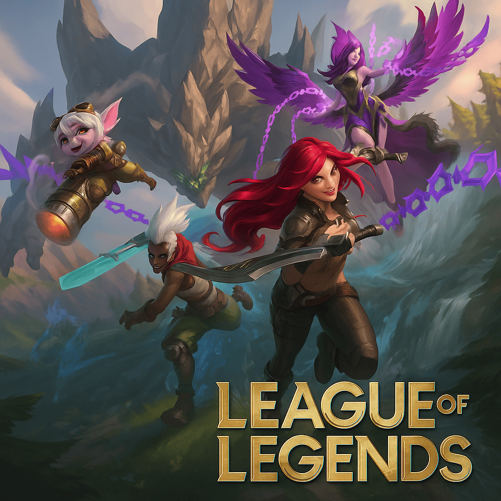 A high-resolution illustration of four League of Legends champions in action against a fantasy mountain backdrop. At the forefront, Katarina charges forward with dual blades and flowing red hair; to her left, Ekko sprints with his glowing sword; above them, Tristana fires her cannon mid-air, and behind them, Morgana hovers with radiant purple wings and magical energy chains. The League of Legends logo appears boldly at the bottom of the image.