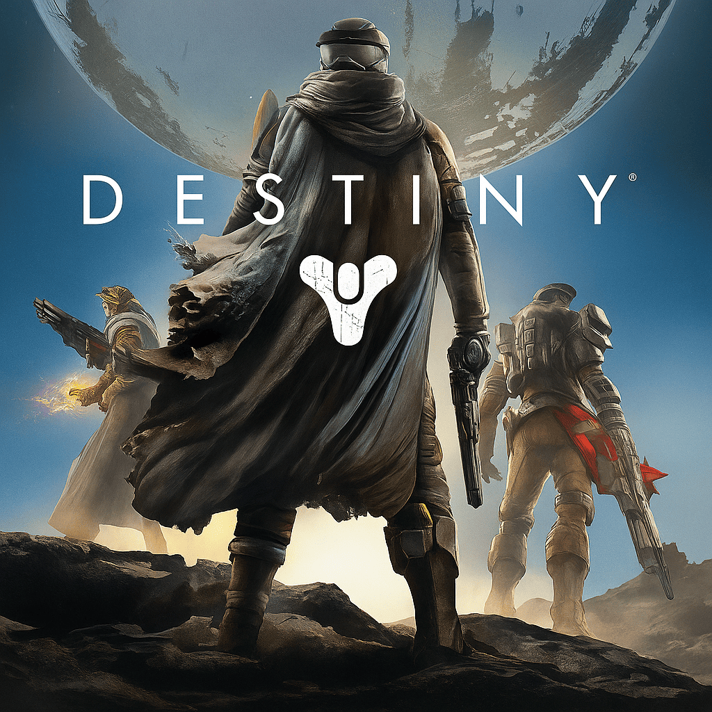 A cinematic sci-fi poster depicting three armored guardians standing on rocky terrain under a vast sky with a massive spherical structure looming above. The central figure wears a flowing cloak and holds a futuristic weapon, while the other two stand ready with their own gear. The word “DESTINY” and its logo appear prominently in the center, symbolizing the epic scale and heroic theme of the game.