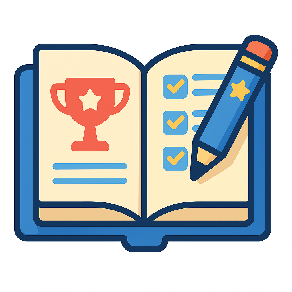 2D illustration of an open guidebook glowing with a controller, achievement icons, and a lightbulb — symbolizing gaming guides, walkthroughs, and tips for mastering games