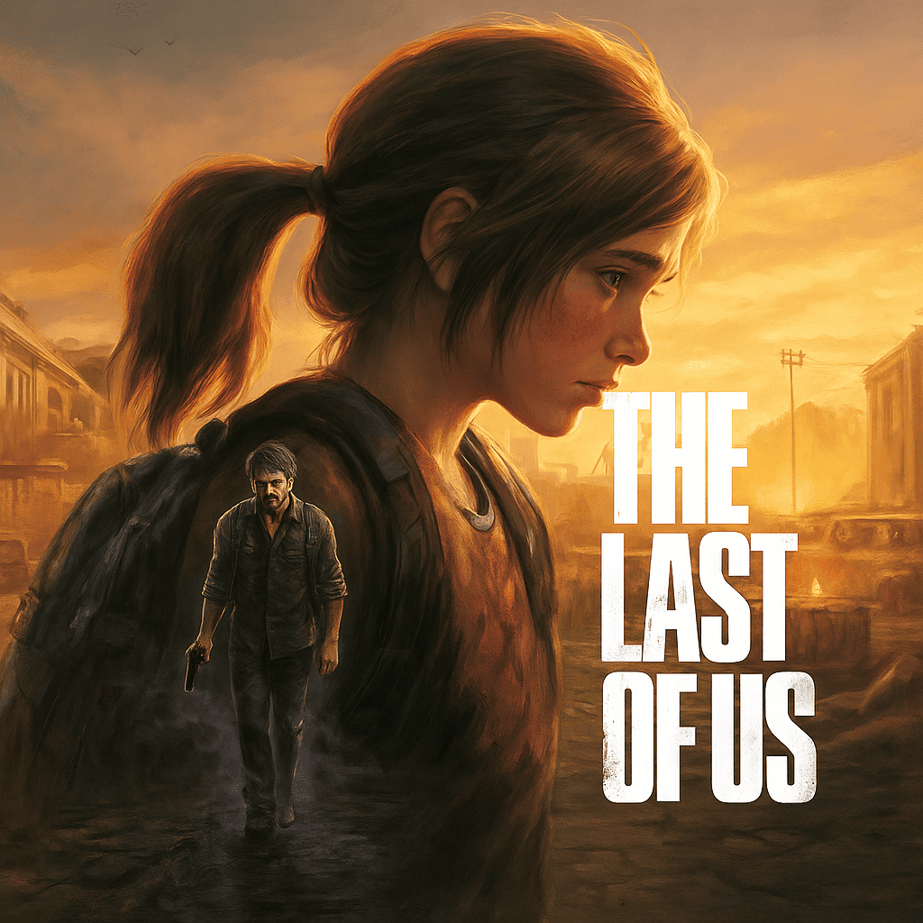 A cinematic digital painting inspired by The Last of Us, showing a young woman and an older man walking through a ruined city at sunset, with warm light and dramatic atmosphere symbolizing survival and hope in a post-apocalyptic world.