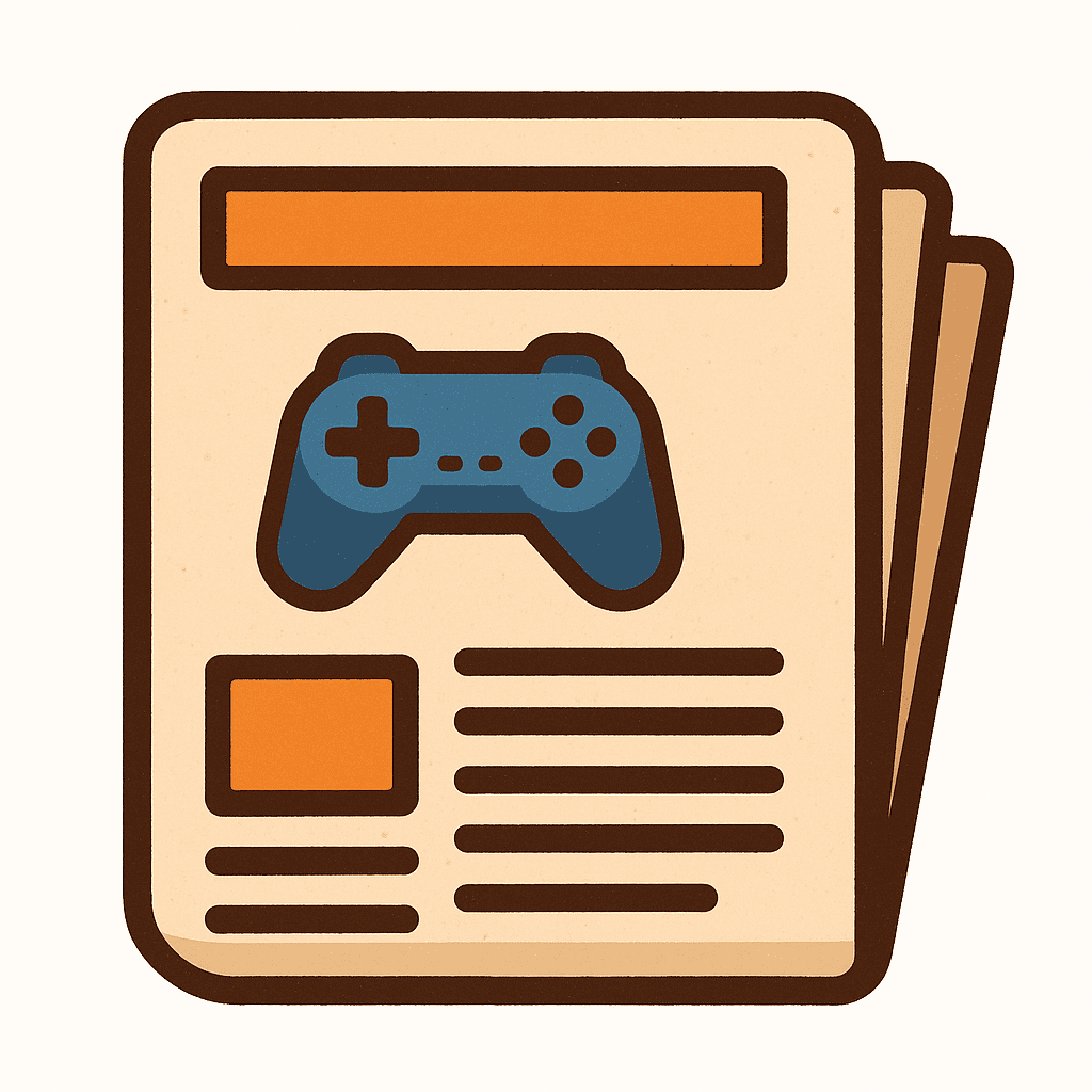Vibrant 2D illustration of a newspaper with gaming elements representing the latest updates and news in the gaming world.
