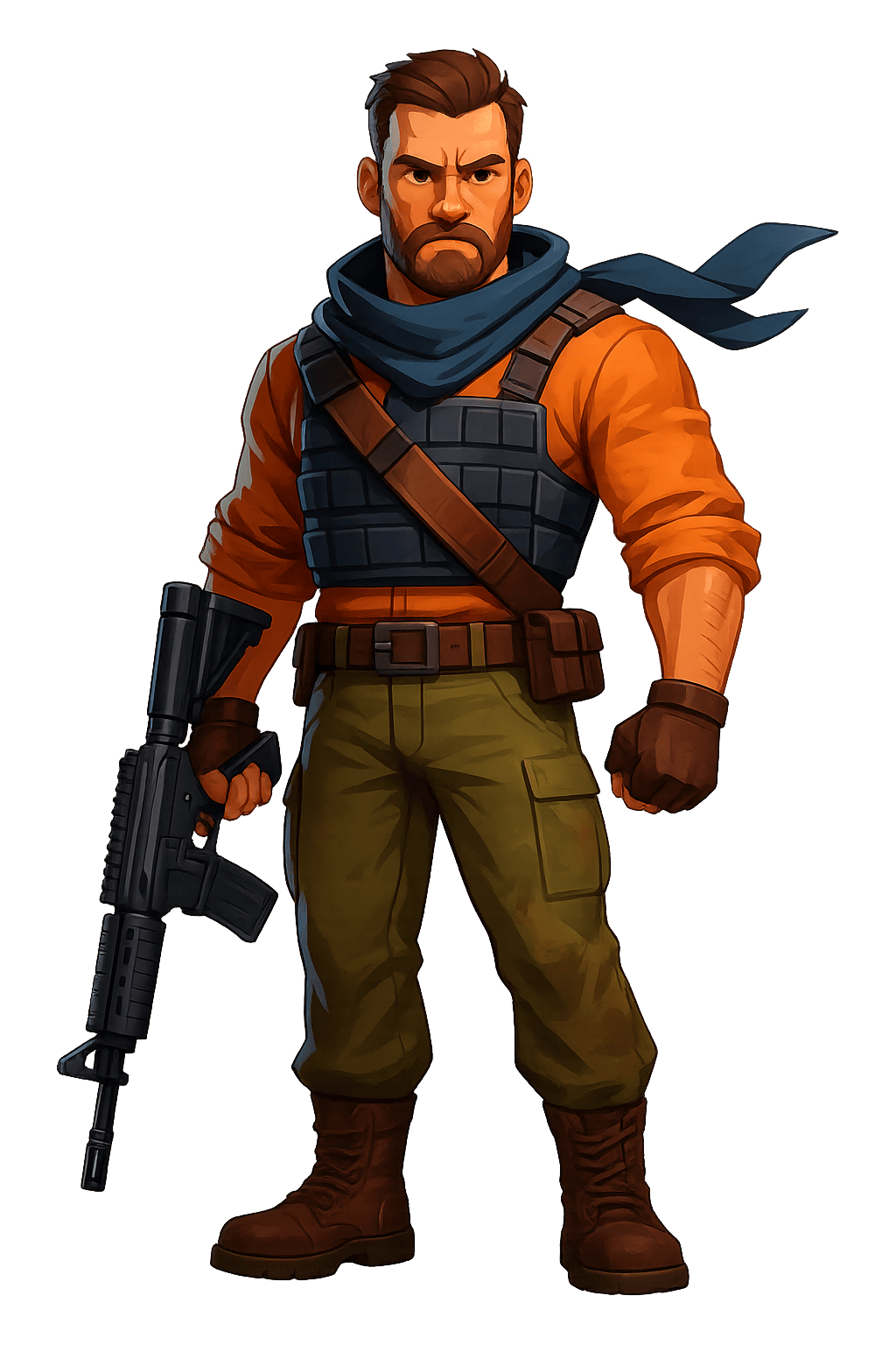 A high-resolution digital illustration of a modern Battlefield-style soldier wearing tactical armor and holding a rifle, rendered in a realistic semi-stylized design with a transparent background — ideal for a gaming-themed contact page or website section.