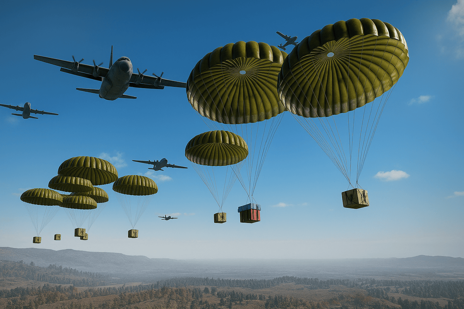 Realistic high-resolution image of multiple military planes flying through a bright blue sky while releasing supply crates attached to olive-green parachutes. The scene shows the crates descending over a wide landscape of hills and forests, with one red airdrop crate among the others, creating a cinematic and dynamic battle-royale atmosphere