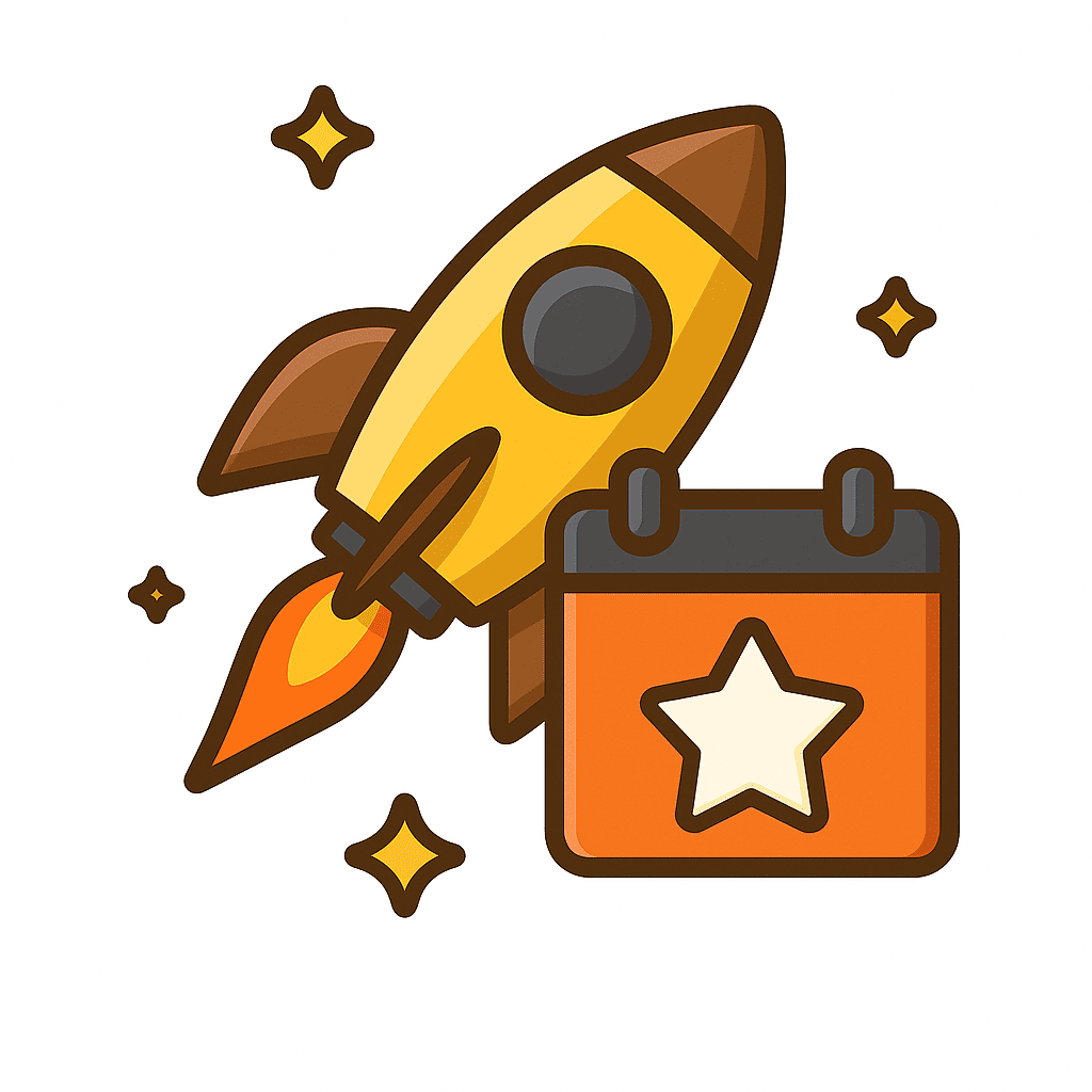 Colorful 2D illustration of a calendar surrounded by rockets, glowing controllers, and game icons — symbolizing upcoming video game releases, previews, and future launches