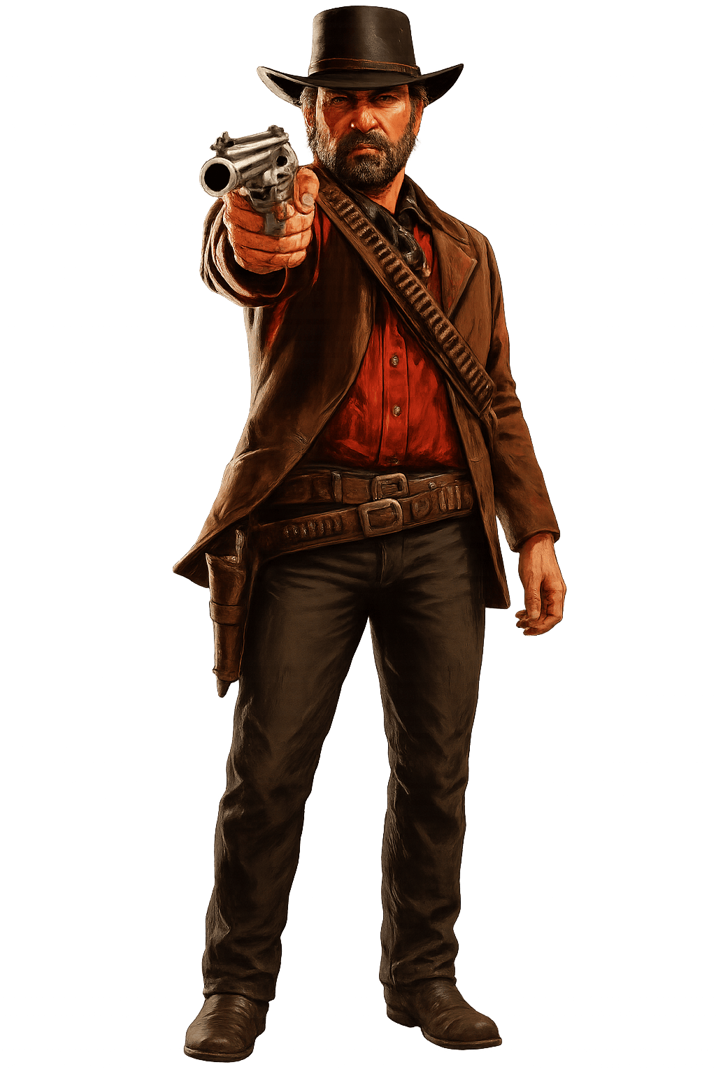 A cowboy in a brown coat and hat aims a revolver directly forward against a solid black background.