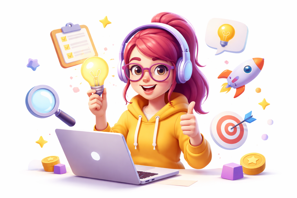 A 3D cartoon character with pink hair and headphones holding a lightbulb and giving a thumbs up, surrounded by icons like a magnifying glass and rocket for the Video Game Reviews Hub FAQ page