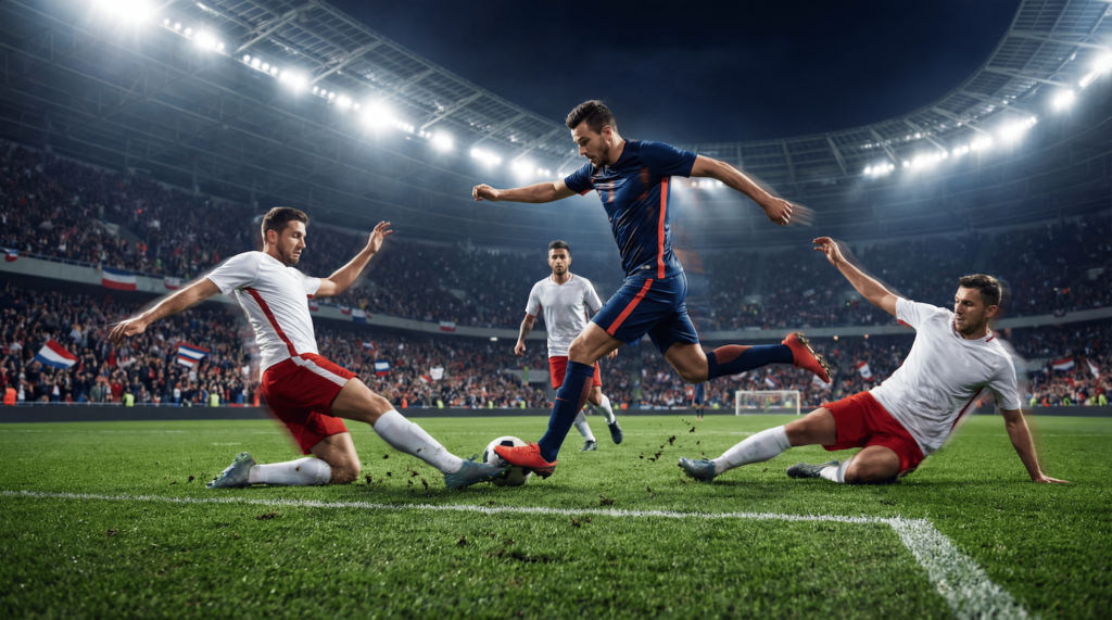 Attack like a pro in FC 26 with an attacker dribbling past defenders during an intense attacking play