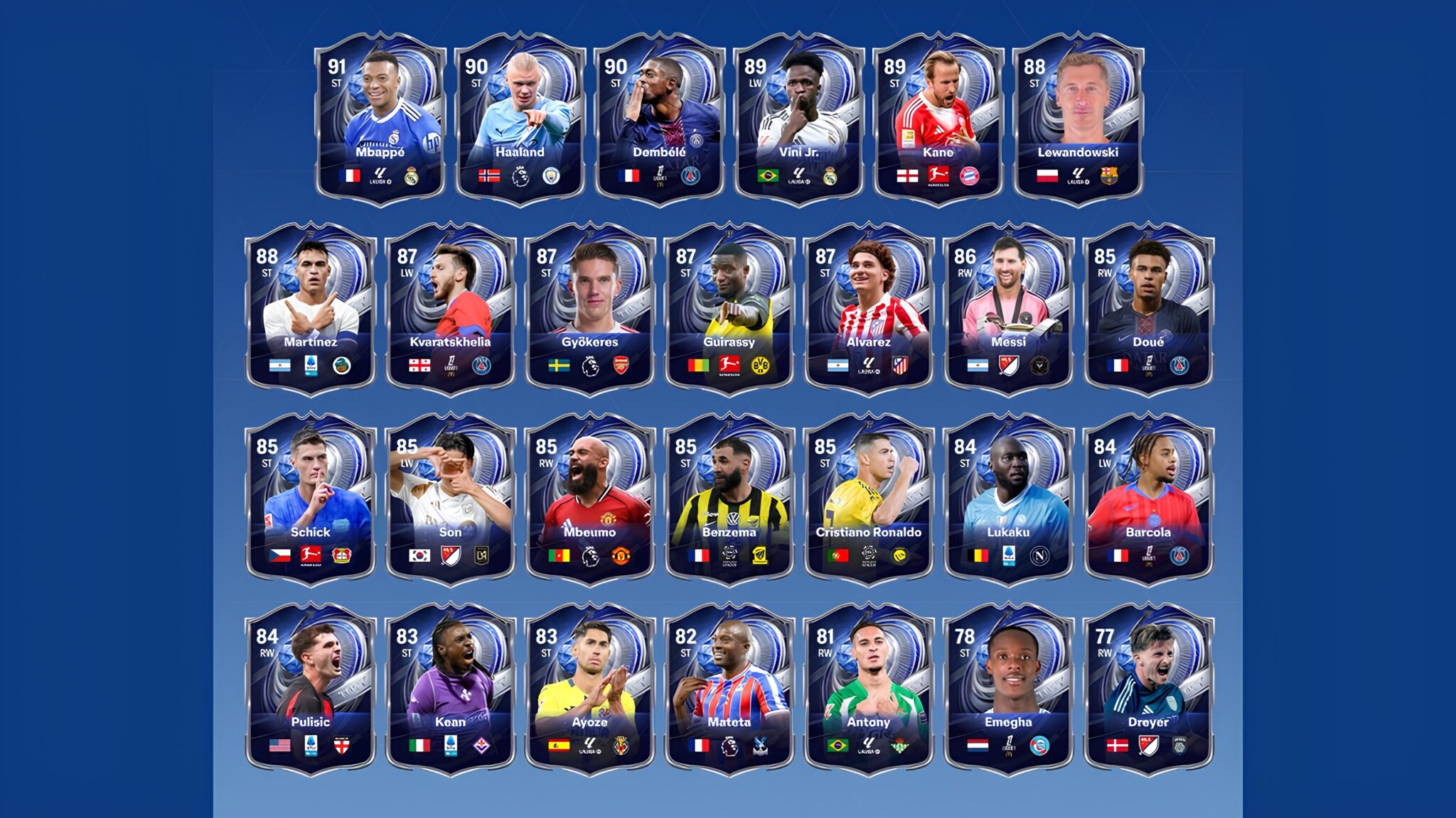 FC 26 TOTY player cards featuring world-class football stars including Mbappé, Haaland, Messi, Cristiano Ronaldo, Lewandowski, Kane, Vinícius Jr., and Benzema in the Team of the Year lineup.