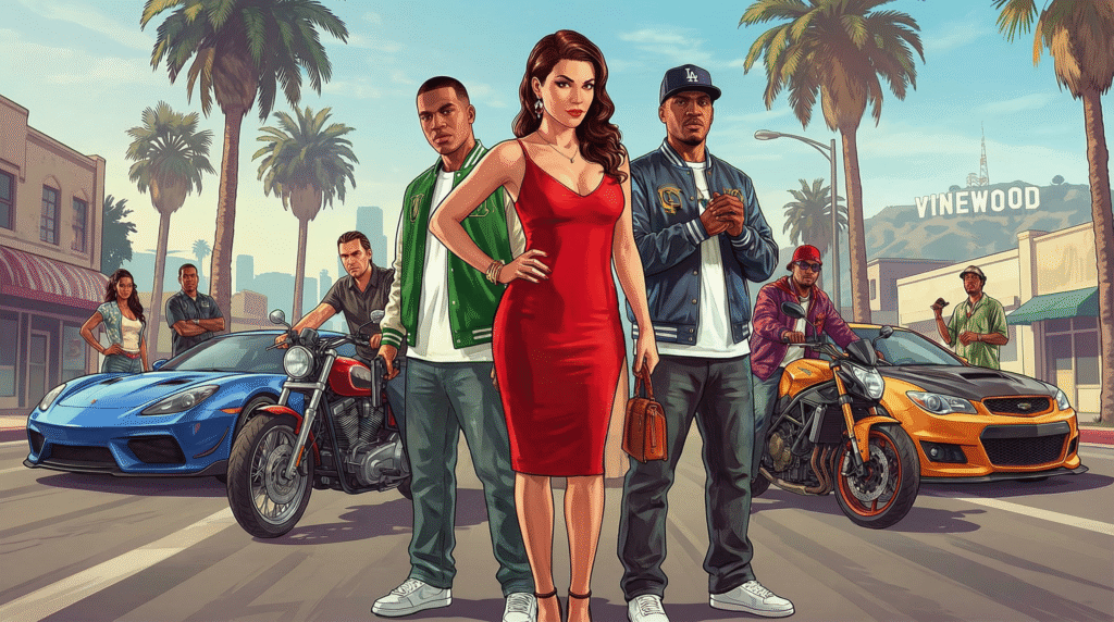 GTA 5 characters standing in Los Santos with sports cars and motorcycles, representing GTA 5 cheat codes and open-world gameplay