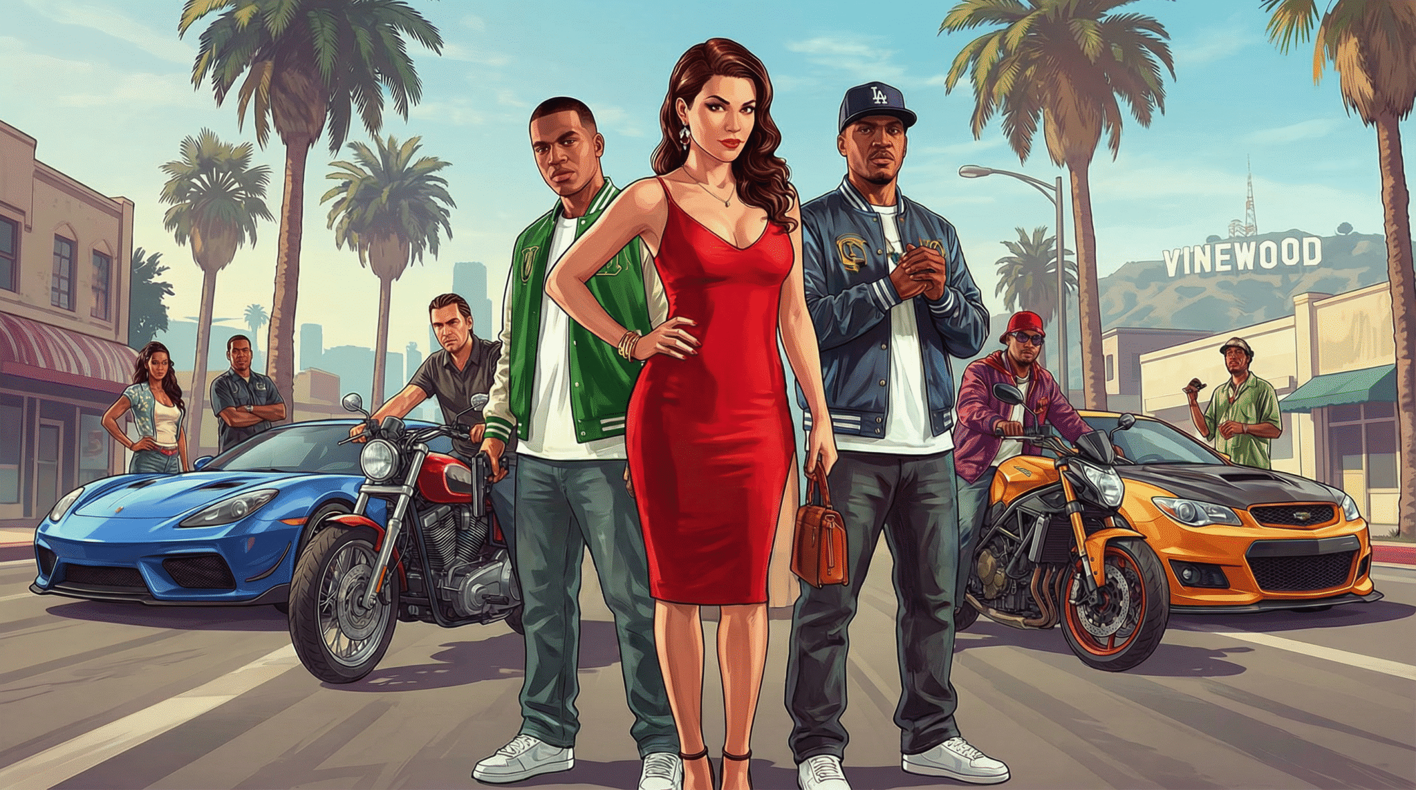GTA 5 characters standing in Los Santos with sports cars and motorcycles, representing GTA 5 cheat codes and open-world gameplay