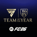 EA Sports FC 26 Team of the Year promo graphic featuring gold FC and TOTY logos on a dark blue gradient background, highlighting the official Team of the Year branding.