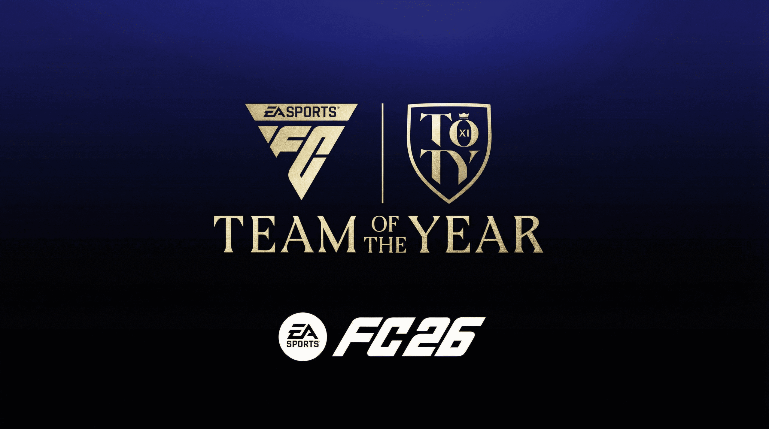EA Sports FC 26 Team of the Year promo graphic featuring gold FC and TOTY logos on a dark blue gradient background, highlighting the official Team of the Year branding.