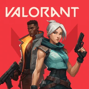Valorant-inspired artwork featuring two armed agents standing back-to-back against a red background with the Valorant logo.