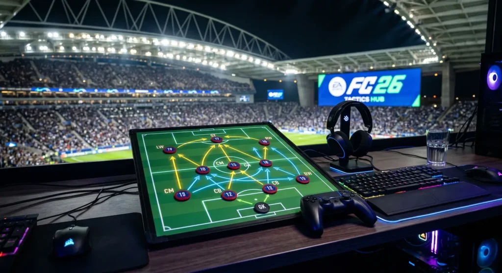 FC 26 tactics setup on a gaming desk showing a football formation board, controller, keyboard and headset inside a packed stadium at night.