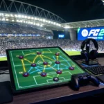 FC 26 tactics setup on a gaming desk showing a football formation board, controller, keyboard and headset inside a packed stadium at night.