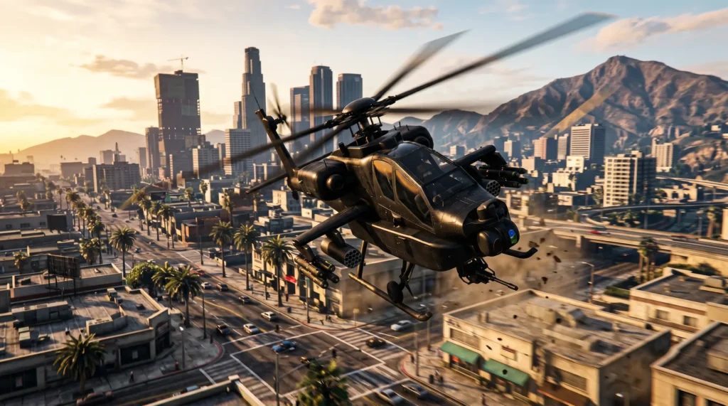 GTA 5 helicopter cheat guide showing a Buzzard-style attack helicopter flying over a realistic Los Santos-inspired city skyline.