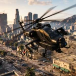 GTA 5 helicopter cheat guide showing a Buzzard-style attack helicopter flying over a realistic Los Santos-inspired city skyline.