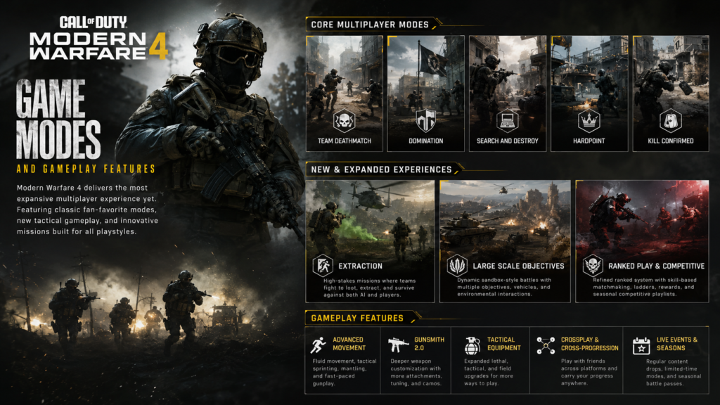 Call of Duty Modern Warfare 4 game modes and gameplay features featuring multiplayer combat, extraction missions, ranked play, and tactical warfare maps.