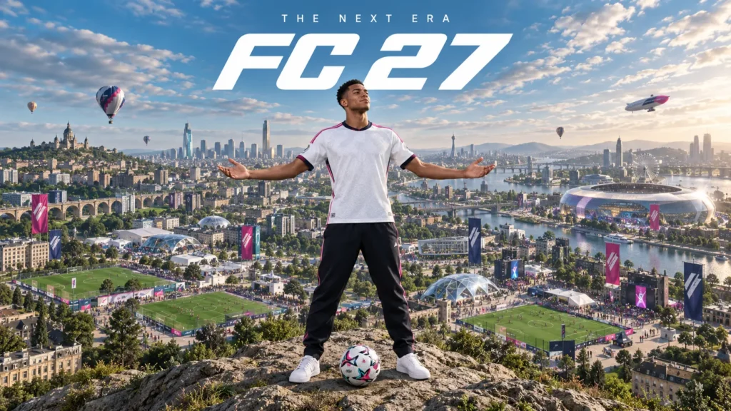 FC 27 footballer overlooking a futuristic city and football festival