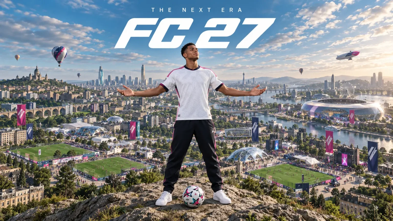 FC 27 footballer overlooking a futuristic city and football festival